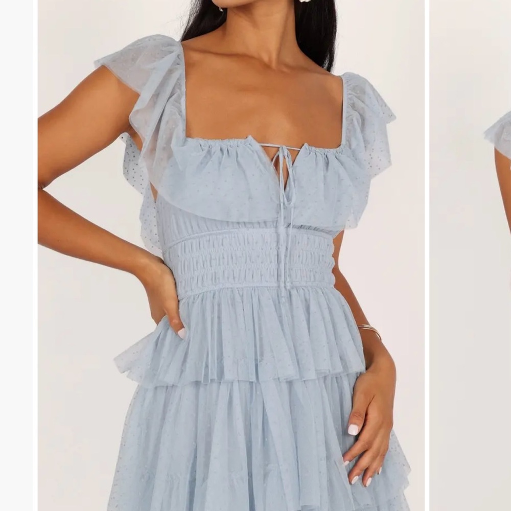 Petal & Pup Blue Ruched Tie Front Maxi Dress